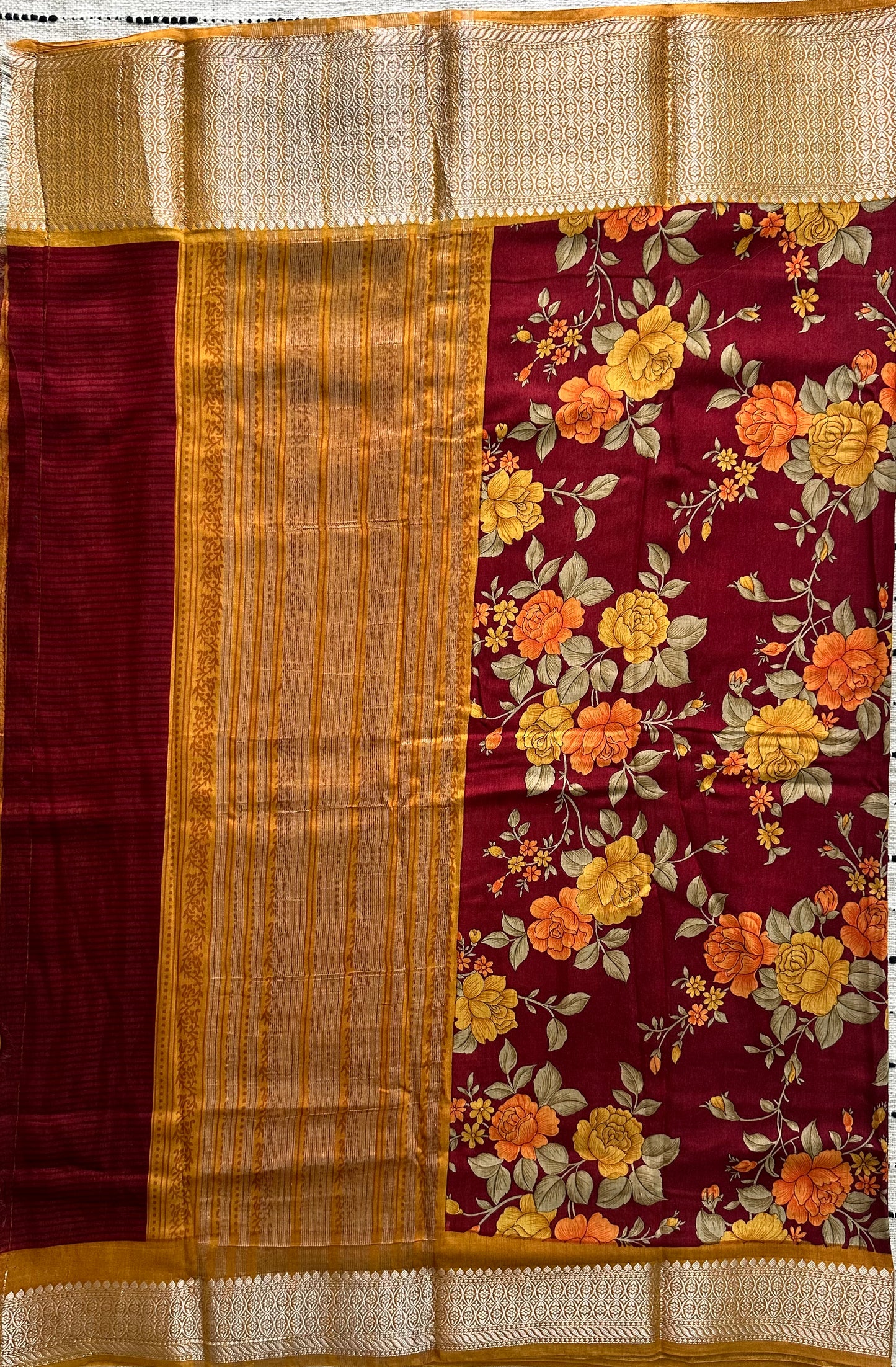 Golden Assam Silk Saree | Rose Floral Print & Gold Zari Border