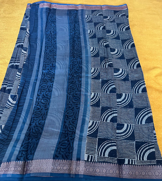 Blue Chanderi Block Printed Saree | Geometric Arc & Zari Border