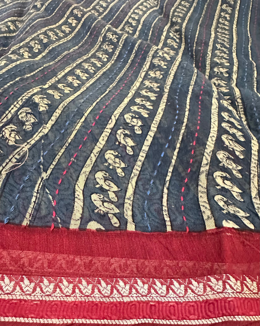 Blue & Red Chanderi Saree | Diagonal Print & Kantha Embroidery