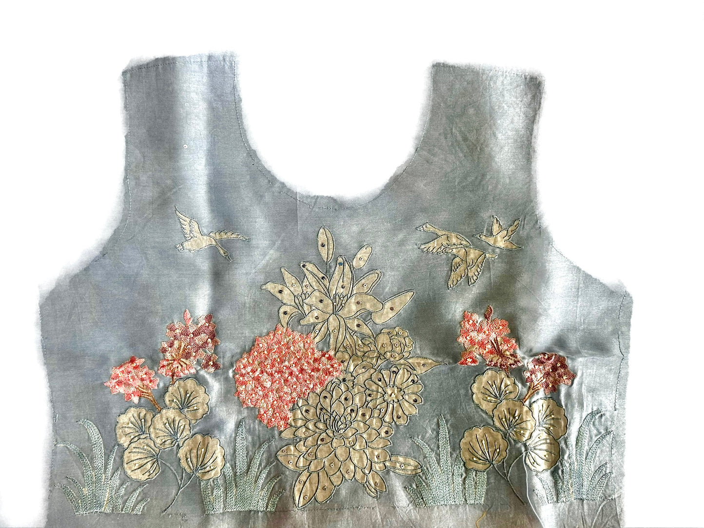 Pastel Blue Organza Saree | Stripe Print & Floral Bird Applique Embroidery