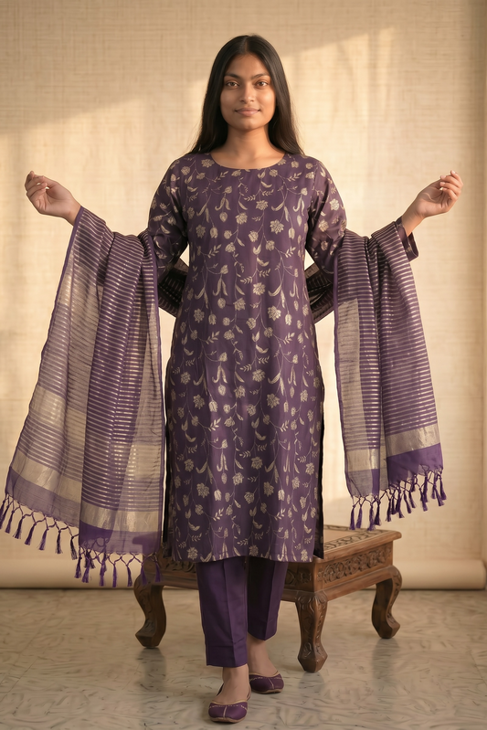 Deep Purple Pure Tussar Silk Suit Set | Floral Applique & Zari Stripe Dupatta