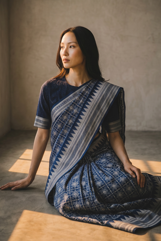 Royal Blue Assam Silk Saree | Geometric Ikat Weave & Temple Zari Border