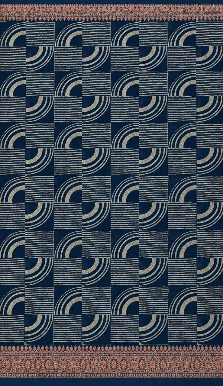 Blue Chanderi Block Printed Saree | Geometric Arc & Zari Border