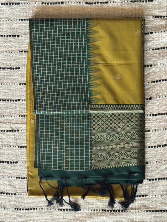 SeaweedGreen n BottleGreen-Checks Border-Kanchivaram Silk Saree