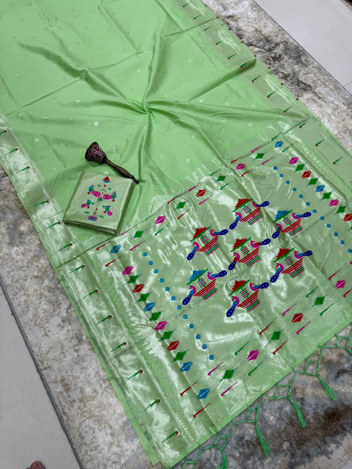 PastelGreen-Paithani-Small Butta-Khadi Raw Silk Saree
