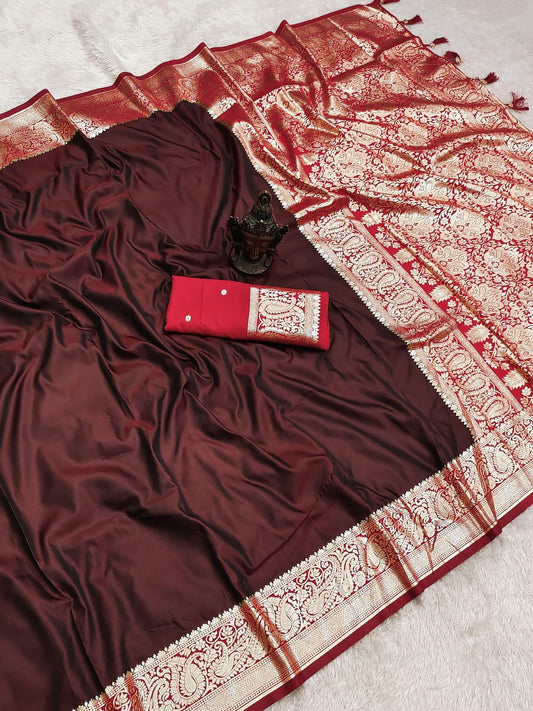 Brown n Red-Contrast Pallu-Banarasi Silk Saree