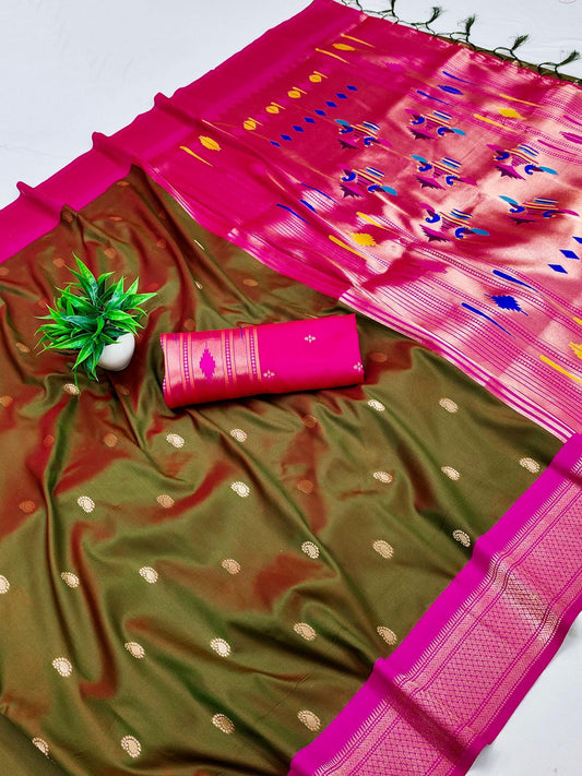 SeaweedGreen n Pink-Mango Butta-Banarasi Silk Saree