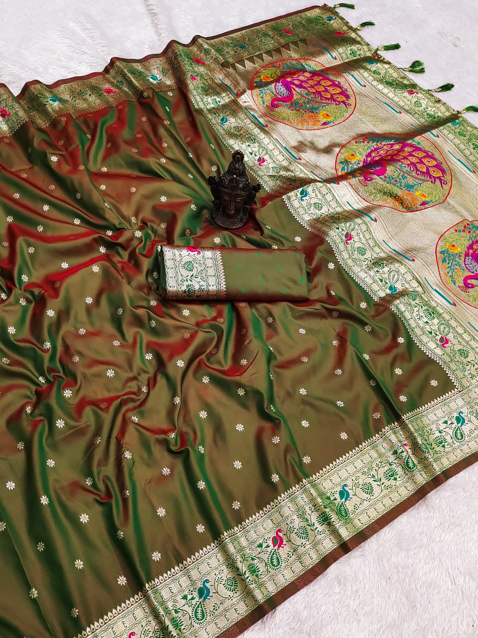 SeaweedGreen-Peacock Design-Banarasi Silk Saree
