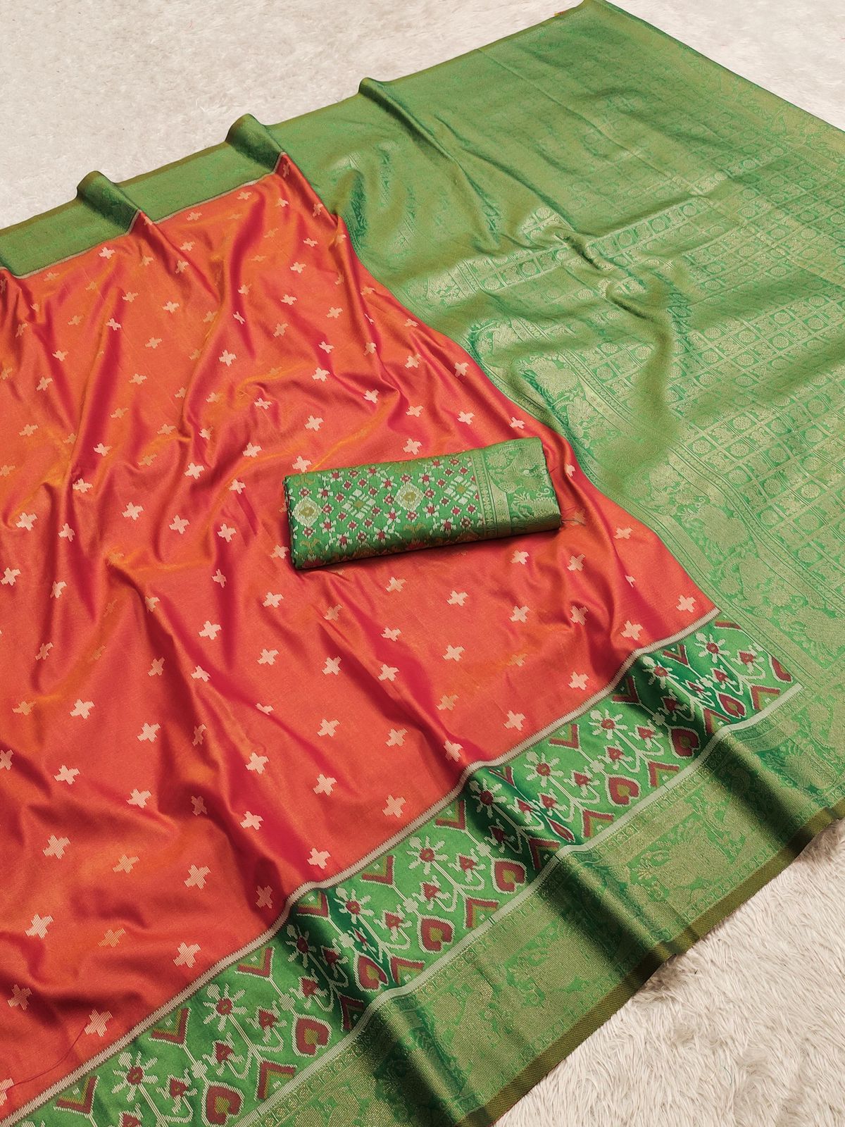 Orange n Green-Ikkat-Pochampalli Silk Saree