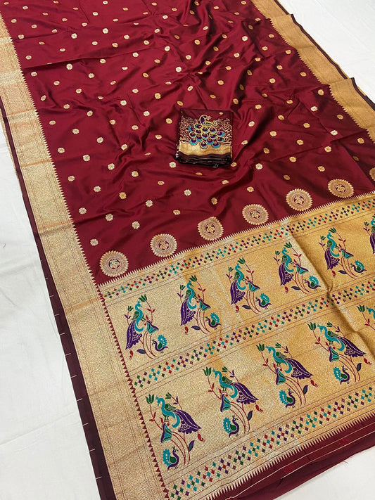Maroon-Paithani-Small Butta-Banarasi Silk Saree