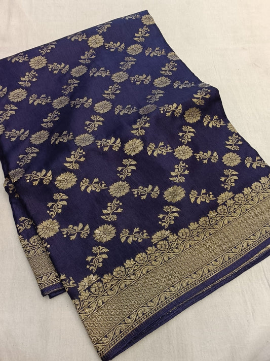 RoyalBlue-Geometric Floral Pattern-Banaras Crepe Saree