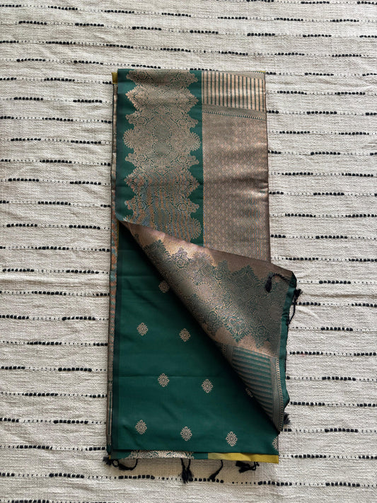 Mustard Gold n Emerald Green-Zari Woven-Kanchivaram Semi Silk Saree
