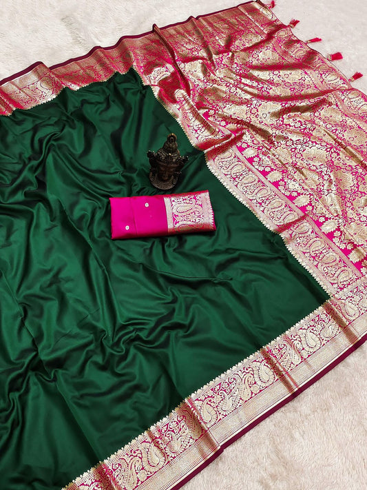 Green n Pink-Contrast Pallu-Banarasi Silk Saree
