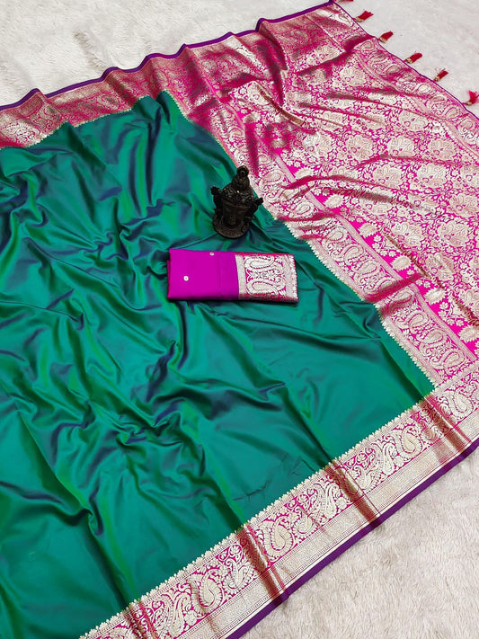 Rama Green n Pink-Contrast Pallu-Banarasi Silk Saree