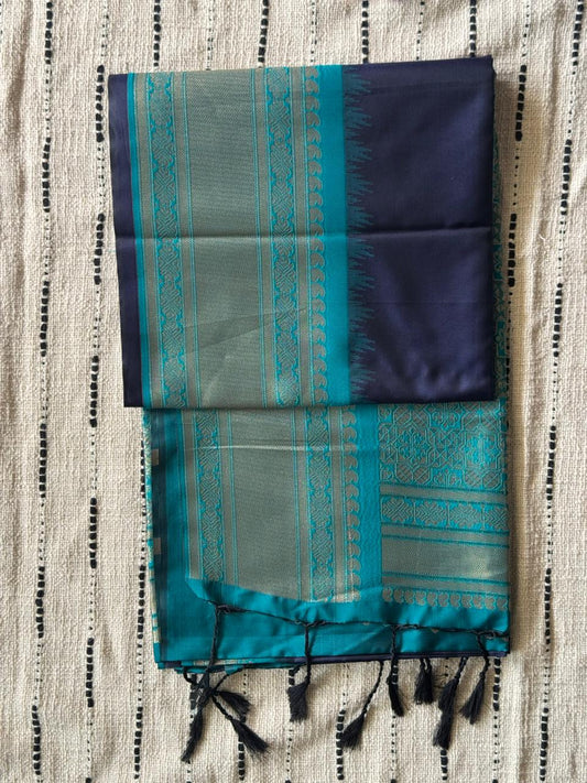 Indigo n Turquoise Blue-Woven Zari-Kanchivaram Soft Silk Saree