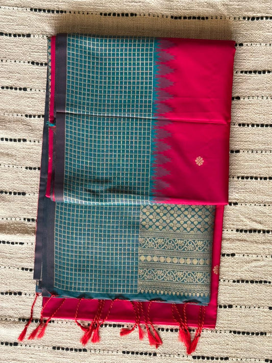 Red n Rama Green-Checks Border-Kanchivaram Silk Saree