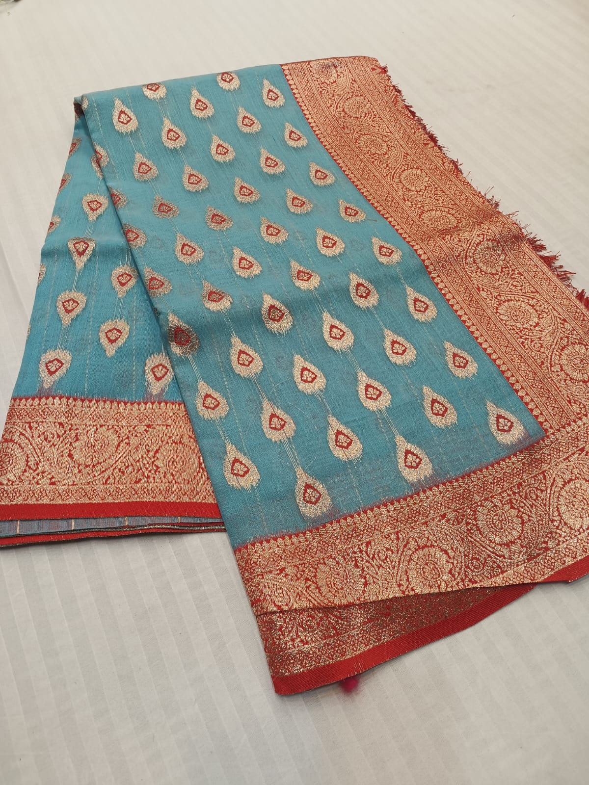 Blue n Red-Butta Design-Banarasi Semi Silk Saree