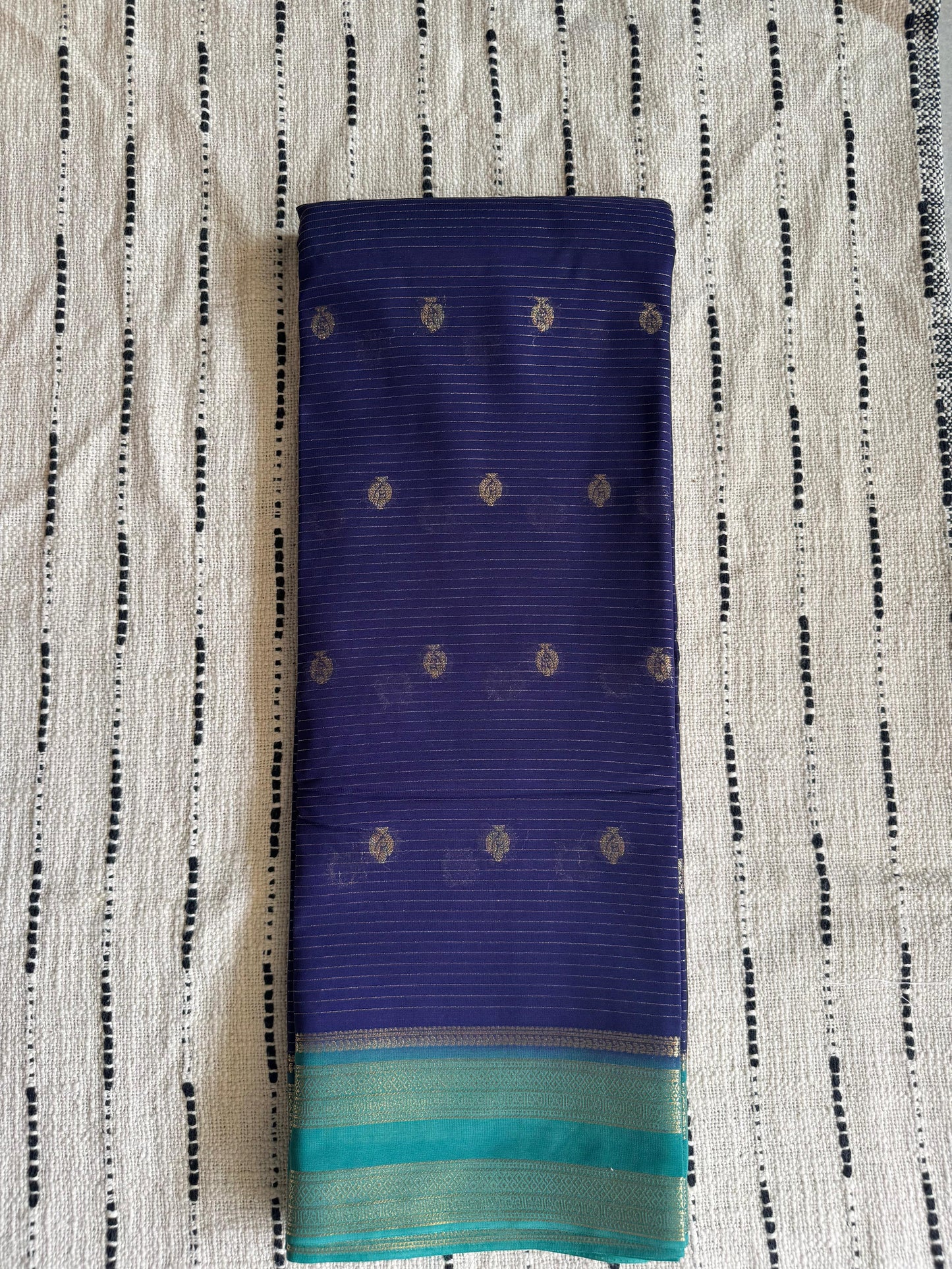Blue n Turquoise-Stripe Design-Mysore Crepe Silk Saree
