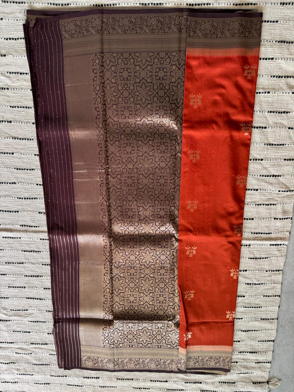 Orange n Brown-Tone Crepe-Soft Silk Saree