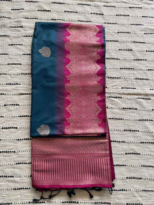 Peacock Blue n Rani Pink-Zari Woven-Kanchivaram Semi Silk Saree