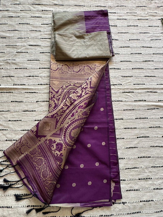 Grey n Purple-Striped-Kanchivaram Soft Silk Saree