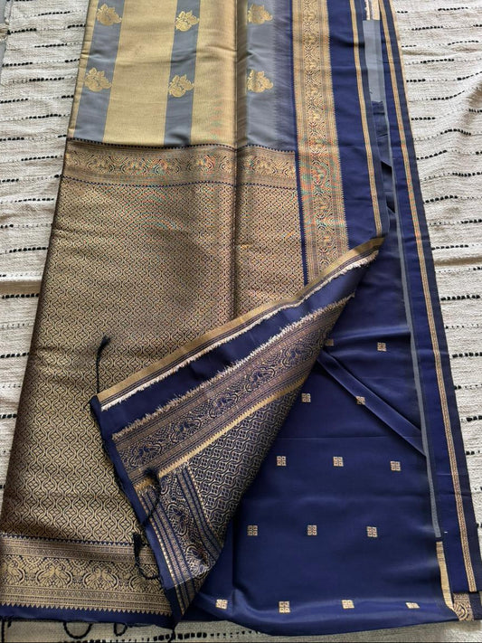 Grey n Blue-Banarasi Katan n Organza Silk Saree