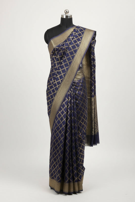 Navy Blue-Geometric Pattern-Banaras Crepe Saree
