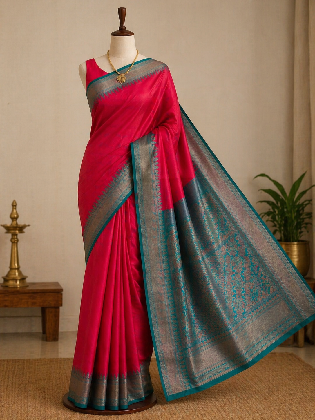 Red n Rama Green-Woven Zari-Kanchivaram Soft Silk Saree