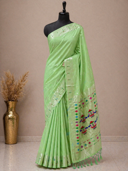 PastelGreen-Paithani-Small Butta-Khadi Raw Silk Saree
