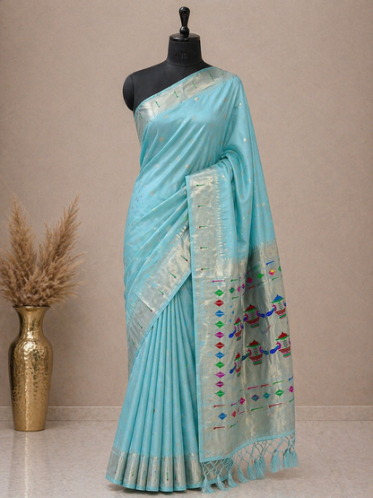 LightBlue-Paithani-Small Butta-Khadi Raw Silk Saree