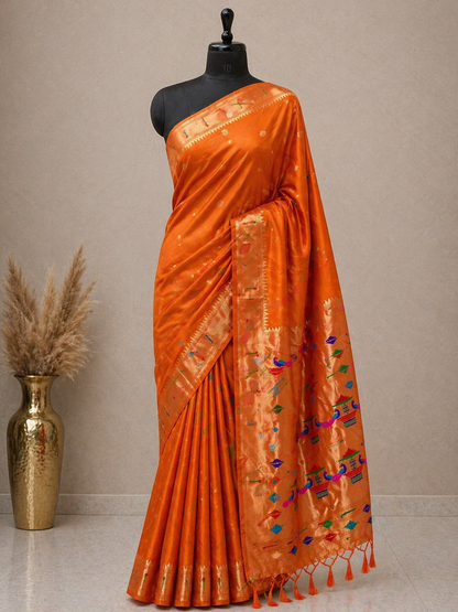Orange paithani design small butta khadi raw silk saree
