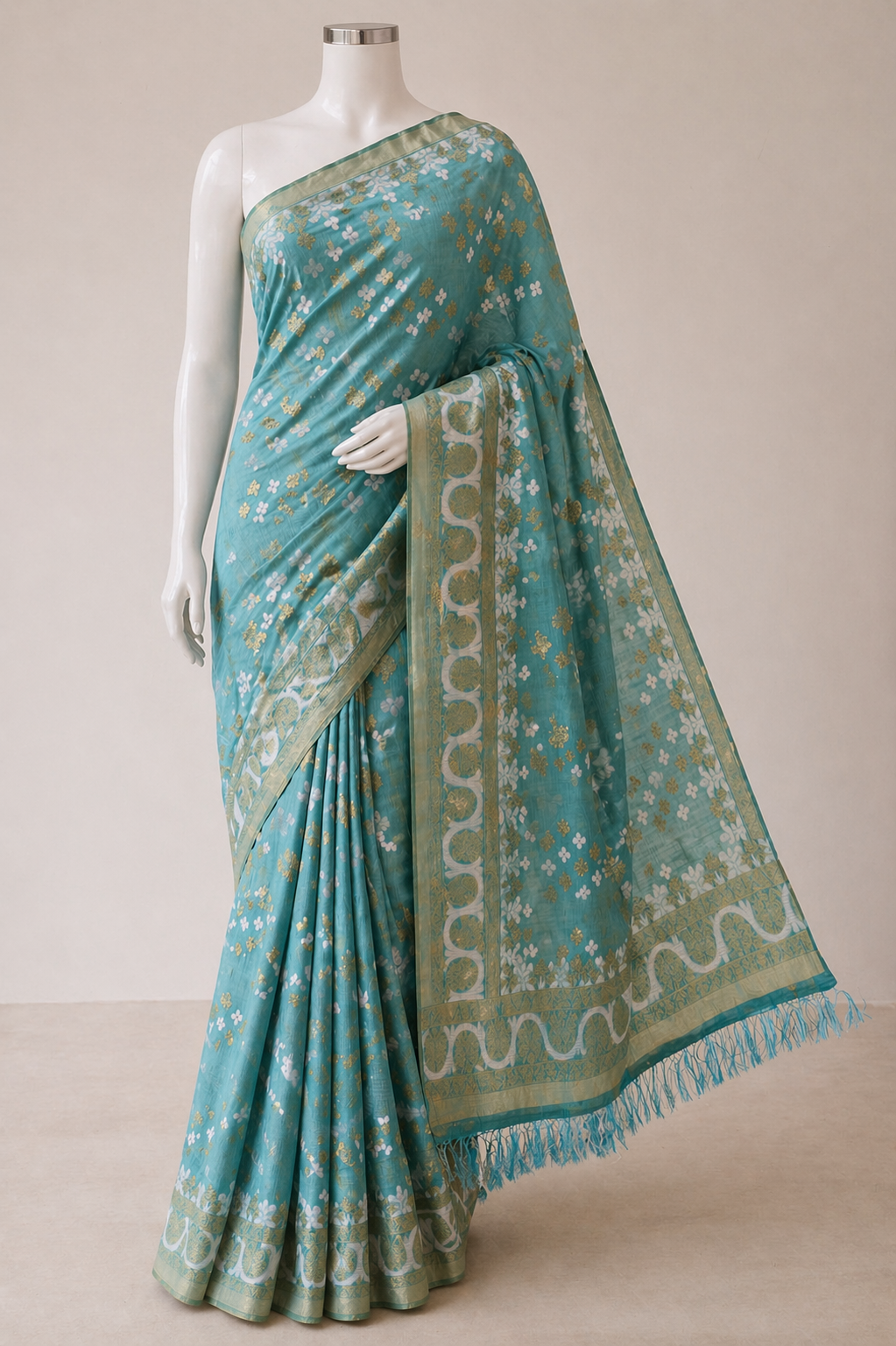 Sea Green-Geometry Pattern -Semi Silk Saree
