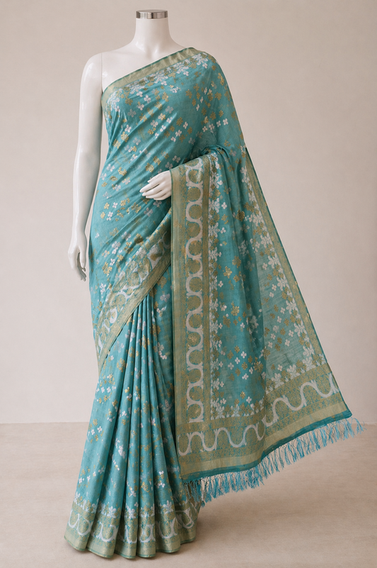 Sea Green-Geometry Pattern -Semi Silk Saree