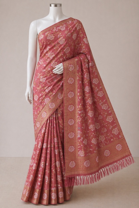 Pink-Floral Zari -Semi Silk Saree