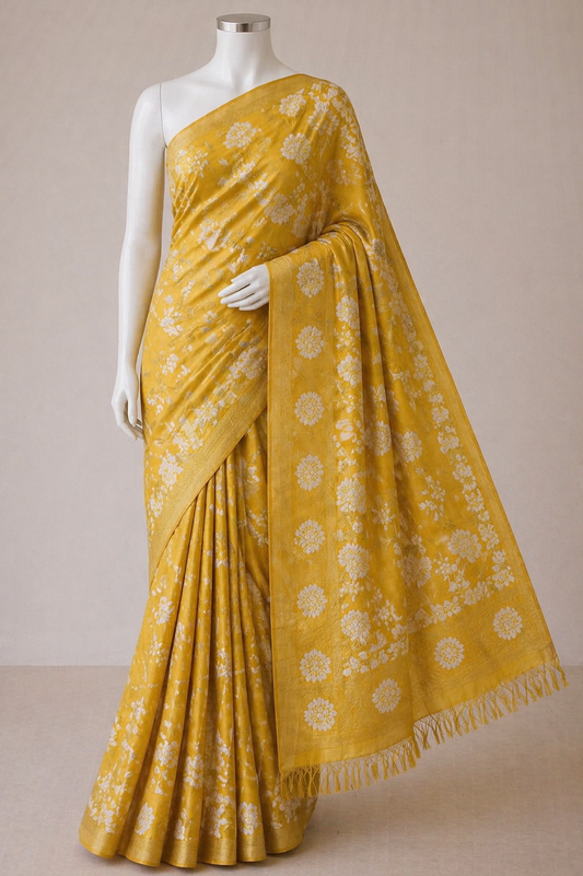 Yellow-Floral Zari -Semi Silk Saree