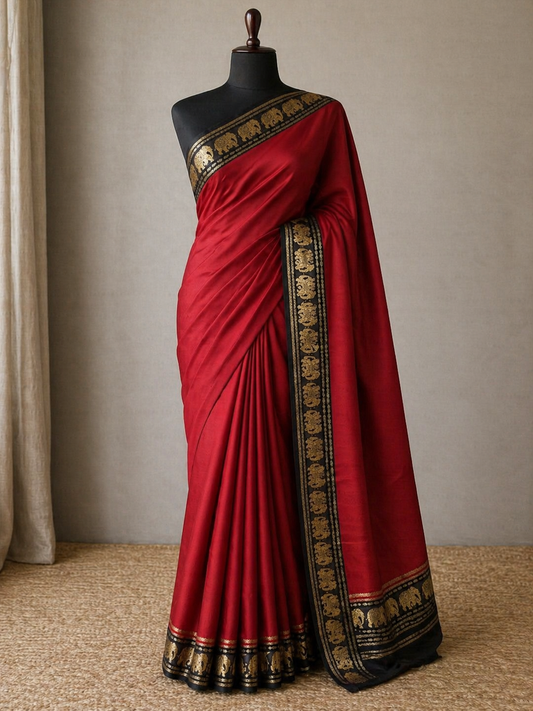 Orange n Brown-Plain-Mysore Crepe Silk Saree