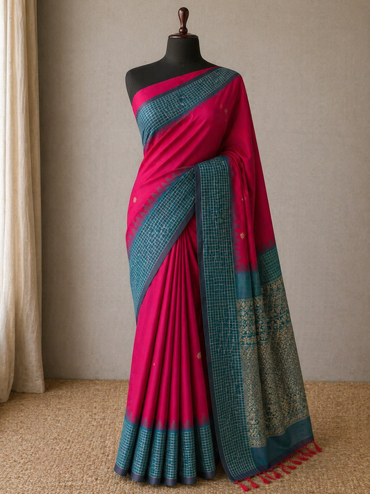 Red n Rama Green-Checks Border-Kanchivaram Silk Saree