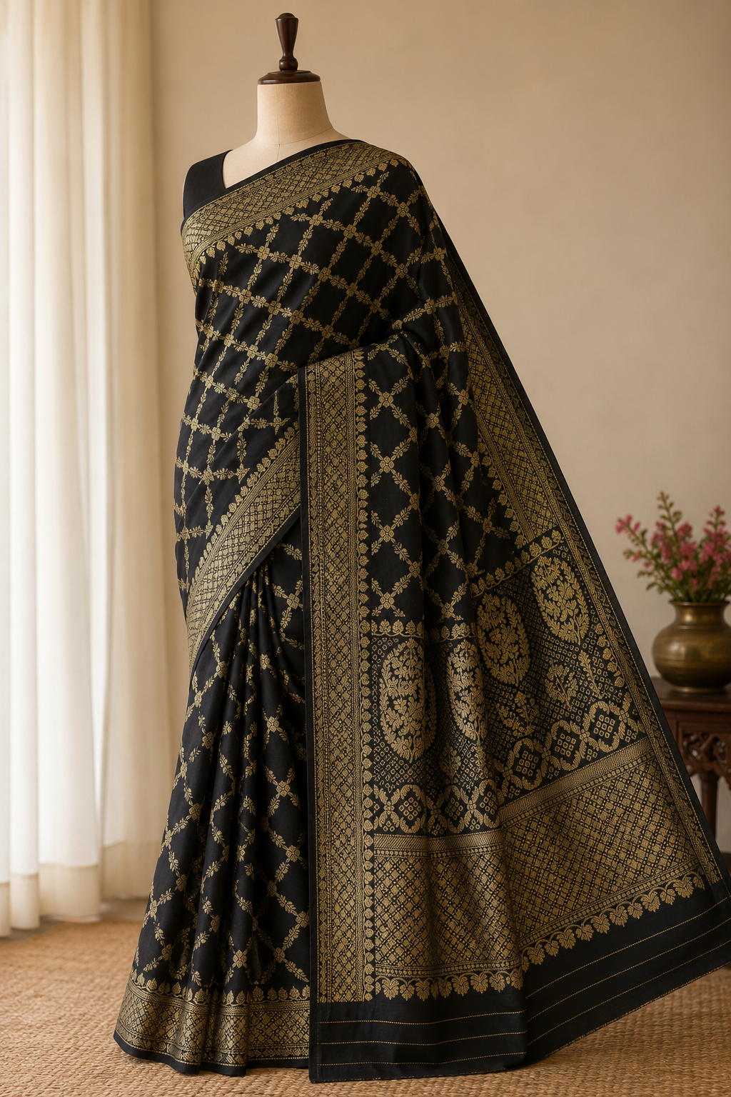 Black-Geometric Pattern-Banarasi Crepe Silk Saree
