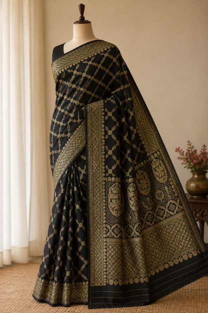Black-Geometric Pattern-Banarasi Crepe Silk Saree