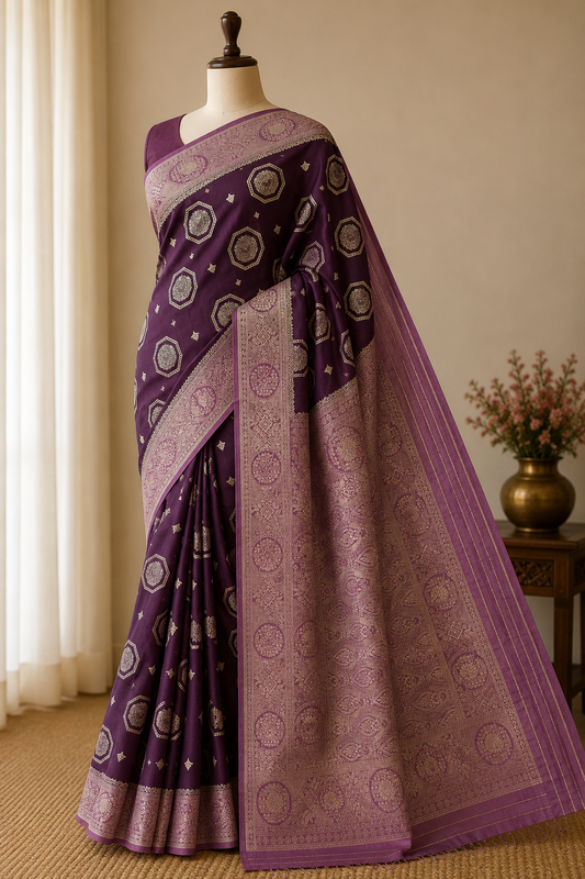 Purple n Lilac-Butta Design-Banarasi Crepe Silk Saree
