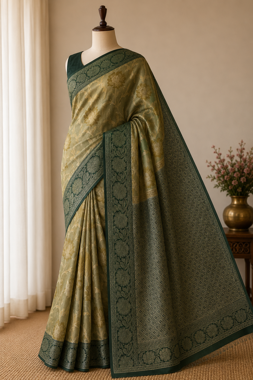 Seaweed Green n Dark Green-Floral Pattern-Banarasi Crepe Silk Saree