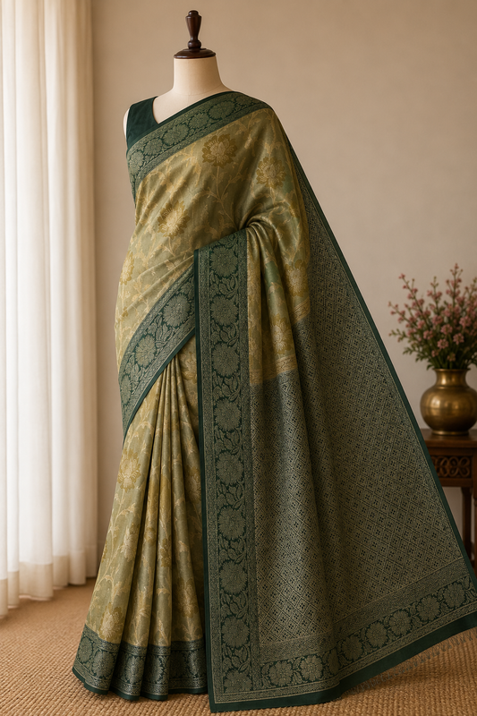 Seaweed Green n Dark Green-Floral Pattern-Banarasi Crepe Silk Saree
