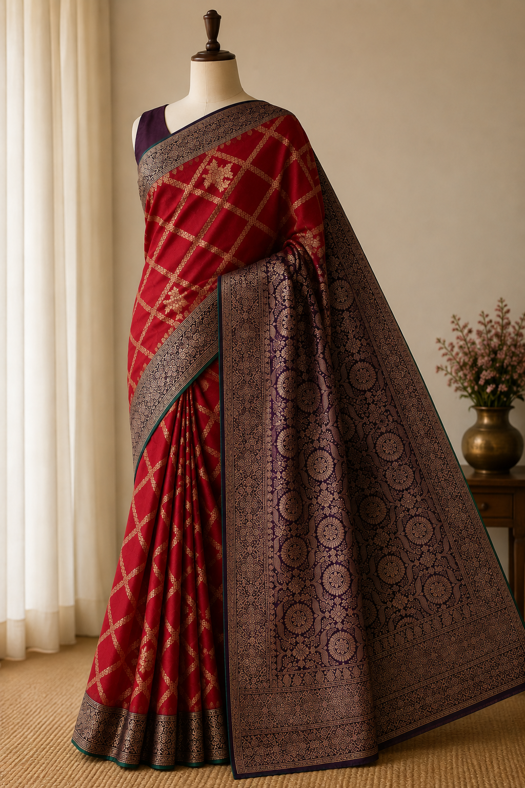 Red n Purple-Geometric Pattern-Banarasi Crepe Silk Saree