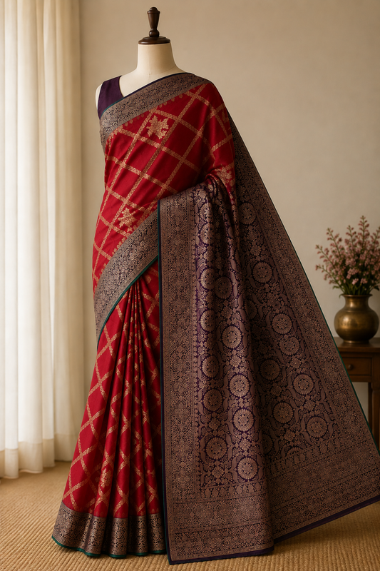 Red n Purple-Geometric Pattern-Banarasi Crepe Silk Saree
