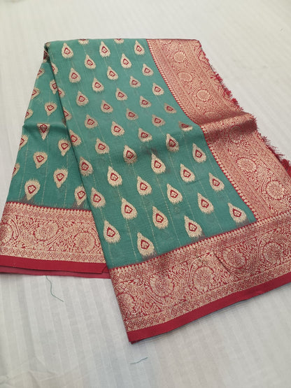 Green n Red-Butta Design-Banarasi Semi Silk Saree