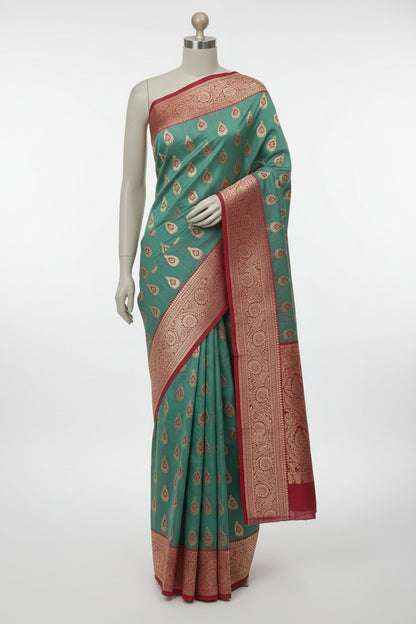 Green n Red-Butta Design-Banarasi Semi Silk Saree