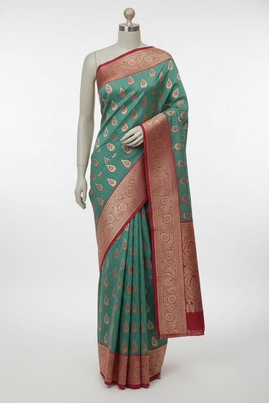 Green n Red-Butta Design-Banarasi Semi Silk Saree