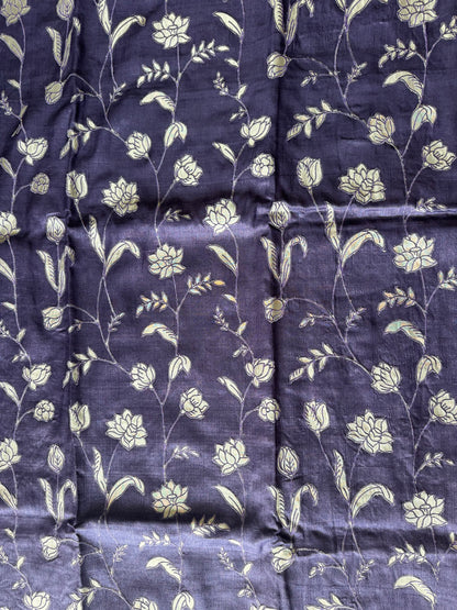 Deep Purple Pure Tussar Silk Suit Set | Floral Applique & Zari Stripe Dupatta