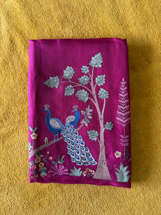 Magenta Pink Pure Organza Suit Set | Resham Peacock Embroidered Handloom Dupatta