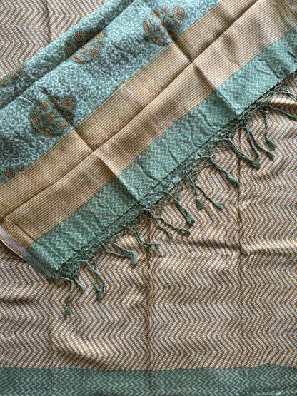 Sage Green Pure Mulmul Cotton Suit Set | Floral Jaal Block Print & Zig-Zag Dupatta